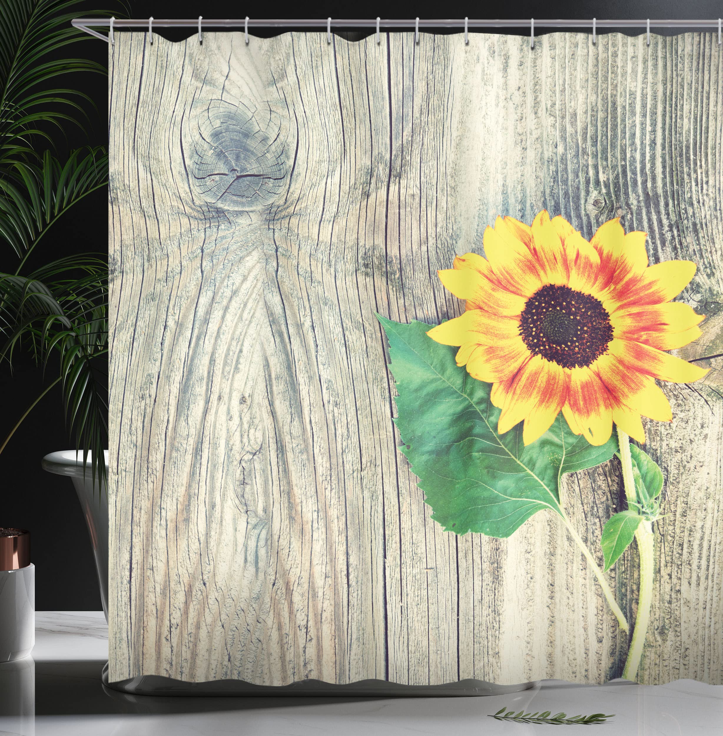 Ambesonne Sunflower Shower Curtain, Sunflower On Wooden Old Board Bouquet Floral Mother Earth Photo, Cloth Fabric Bathroom Decor